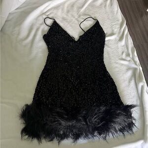 SHEIN Black Sequin Mini Dress with Feather Trim